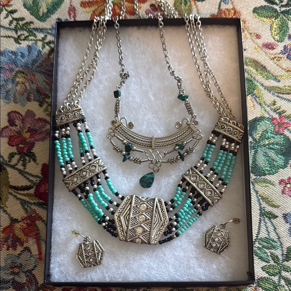 Elegant Silver and Turquoise Beaded Necklace Set